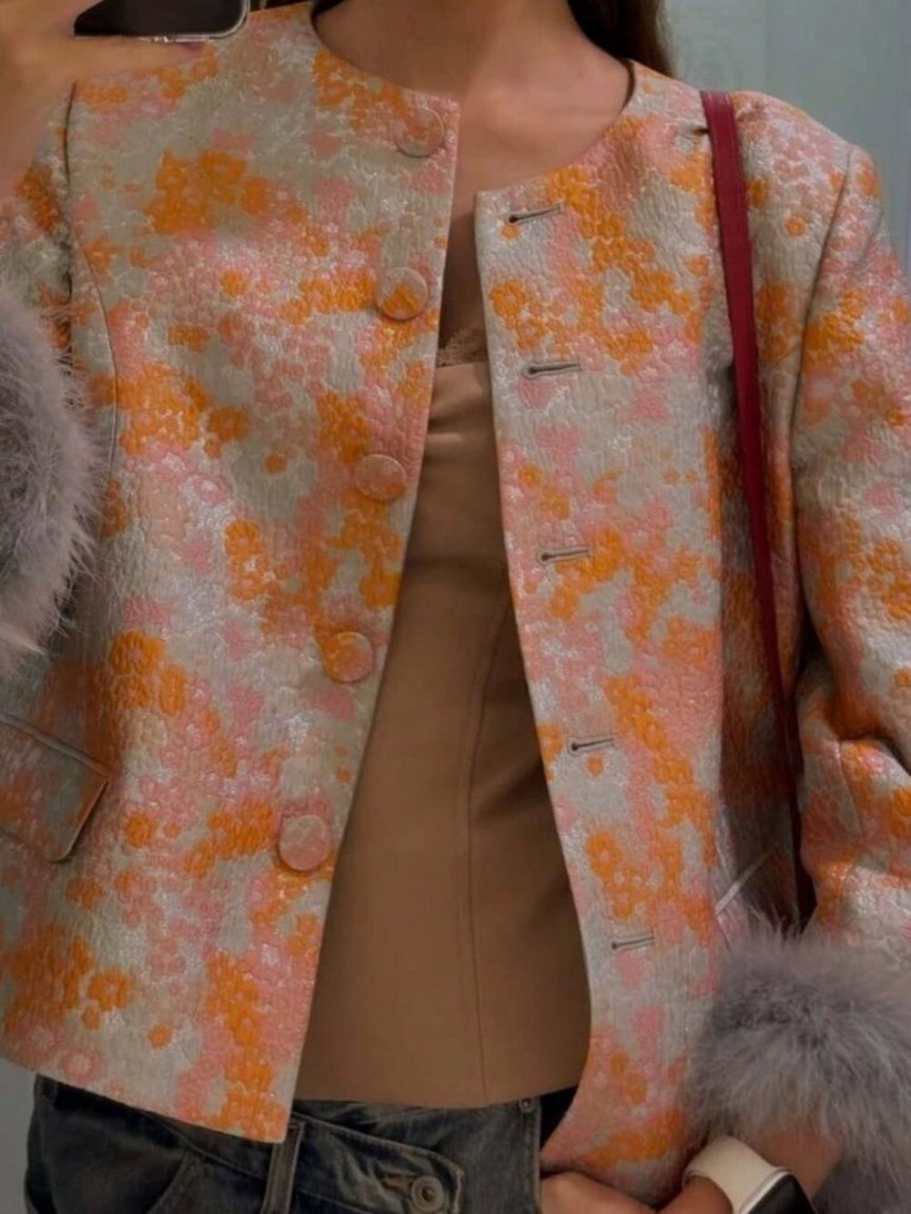 Orange & Pink Floral Textured Long Sleeve Button Front Jacket